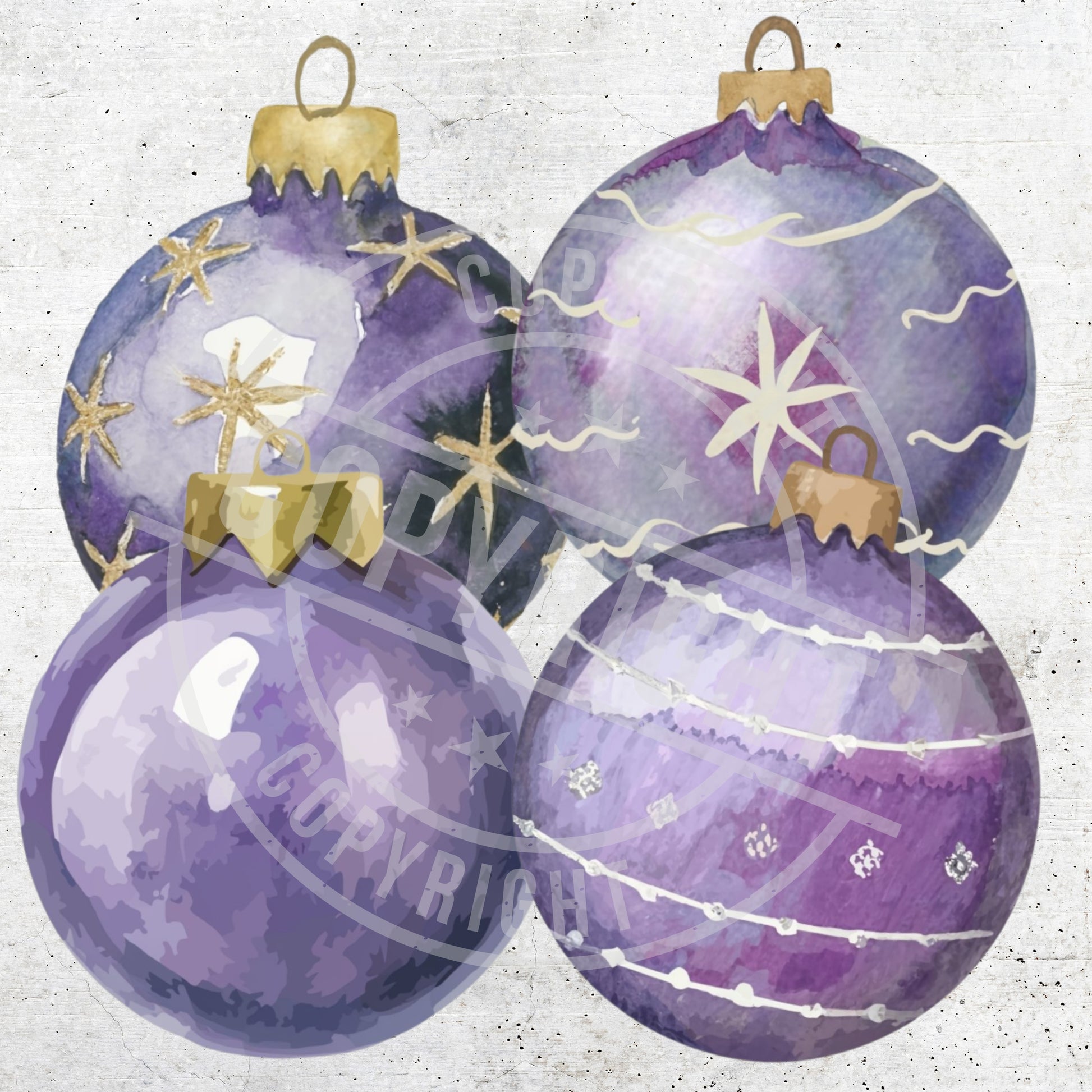 Purple Christmas ornaments with gold reindeer and stars on a textured white background