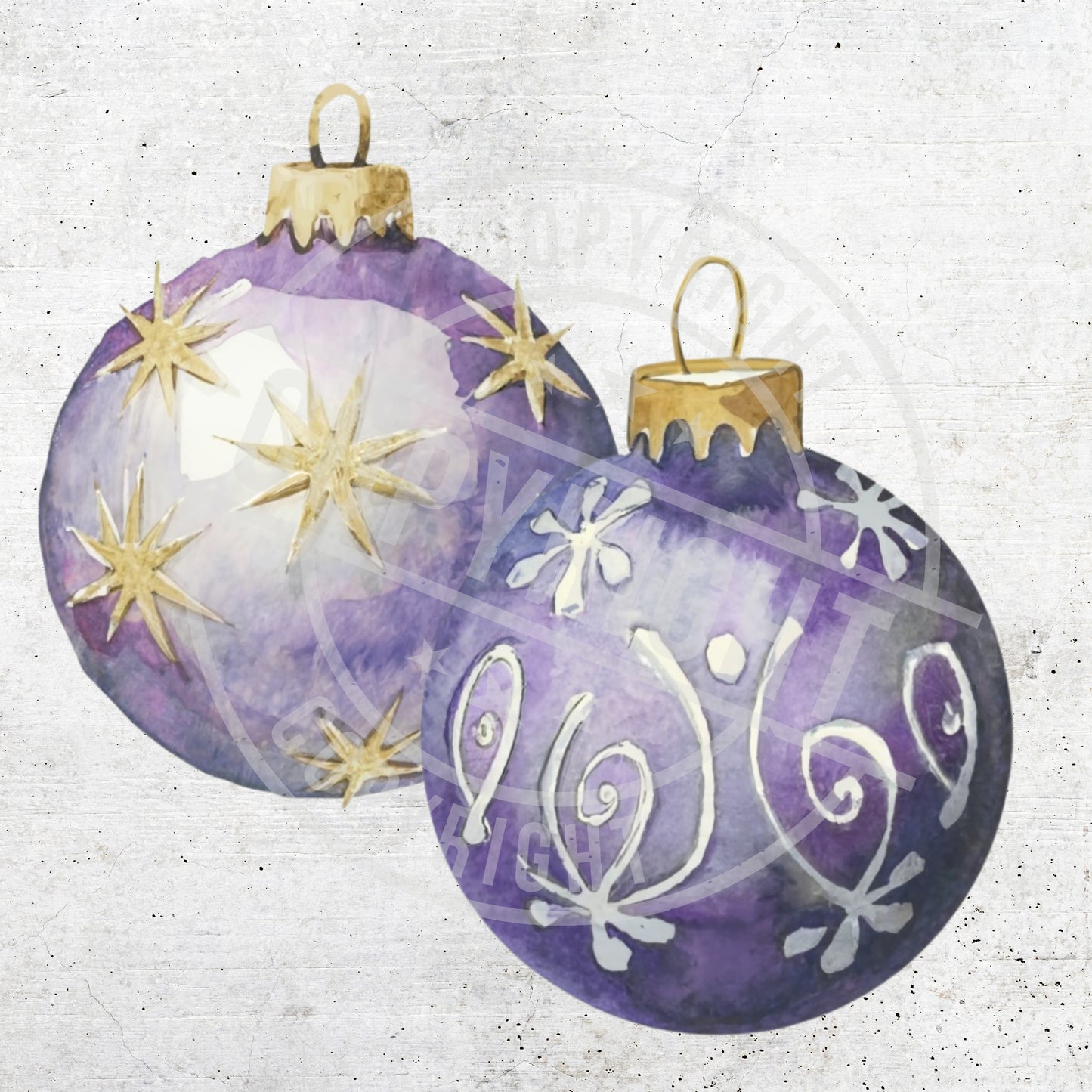 Two purple Christmas ornaments with gold accents on a textured white background