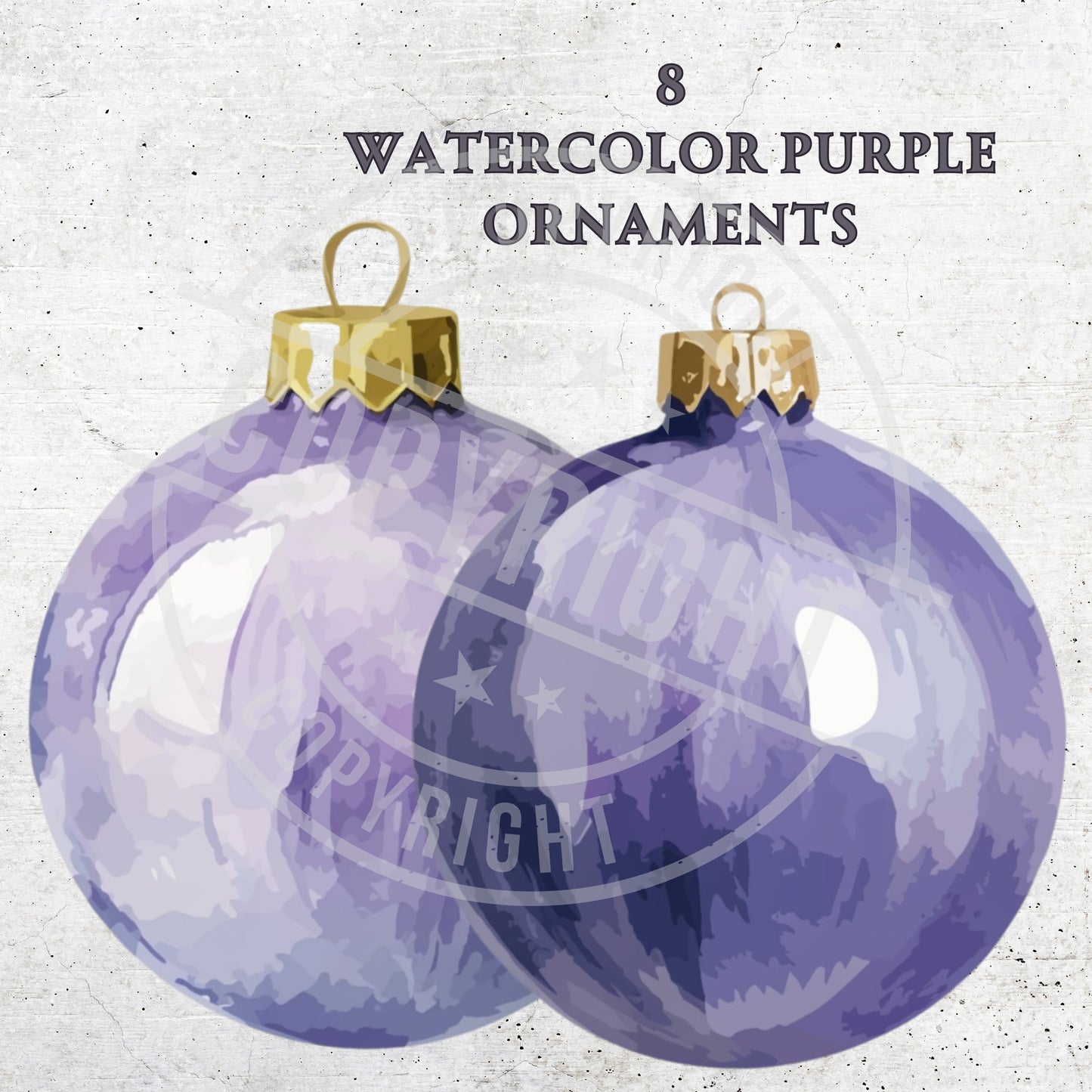 Two watercolor purple Christmas ornaments with gold hooks on a textured white background.