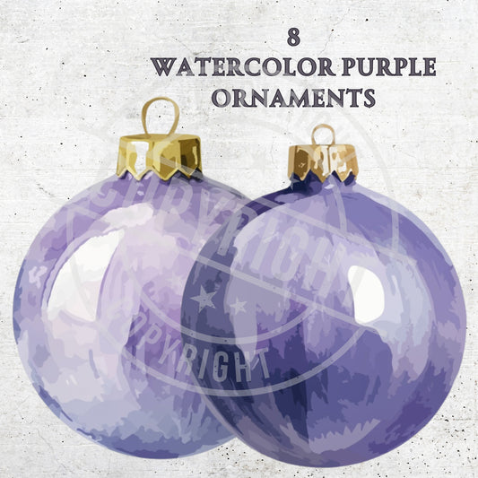 Two watercolor purple Christmas ornaments with gold hooks on a textured white background.