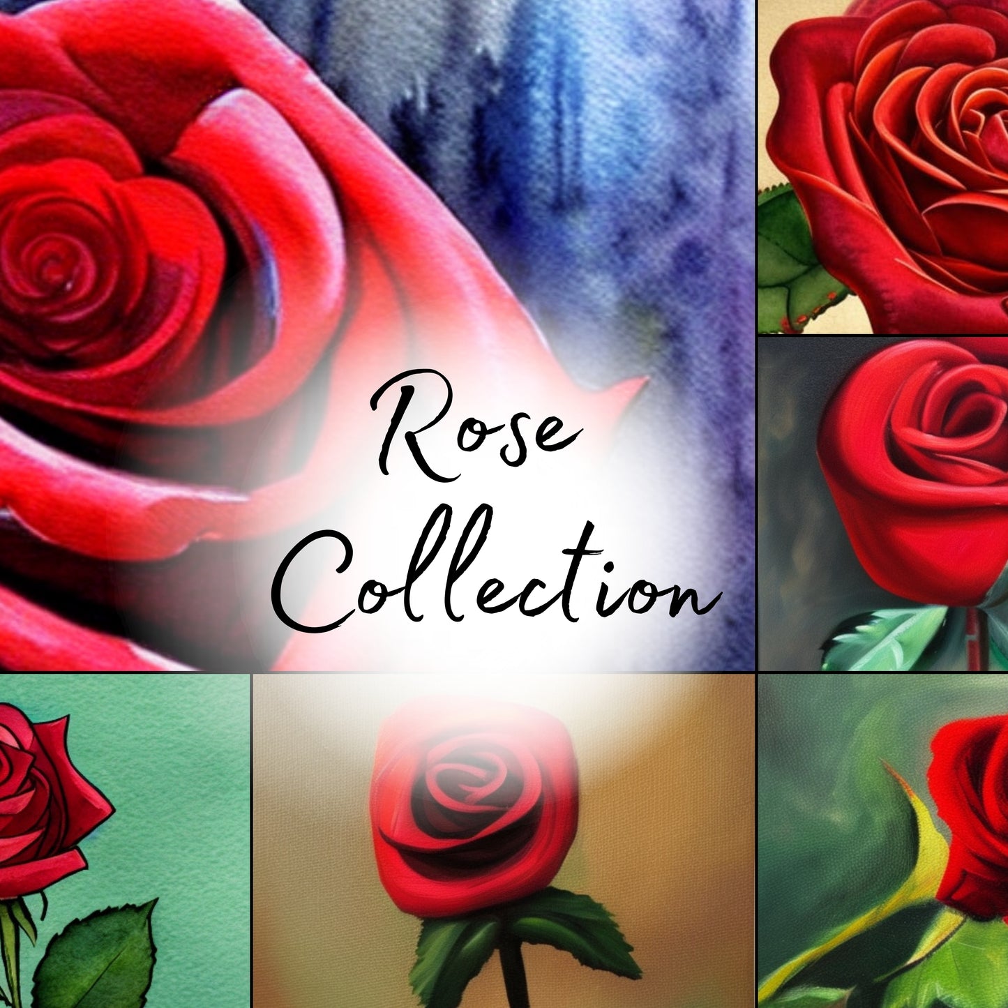 Collage of red roses with the text 'Rose Collection' on a blue background.