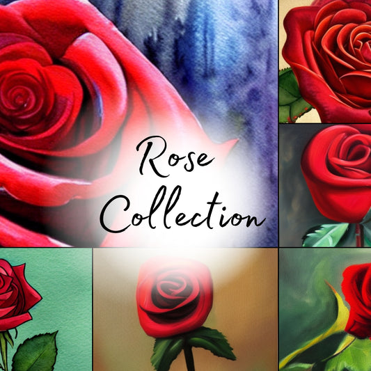 Collage of red roses with the text 'Rose Collection' on a blue background.