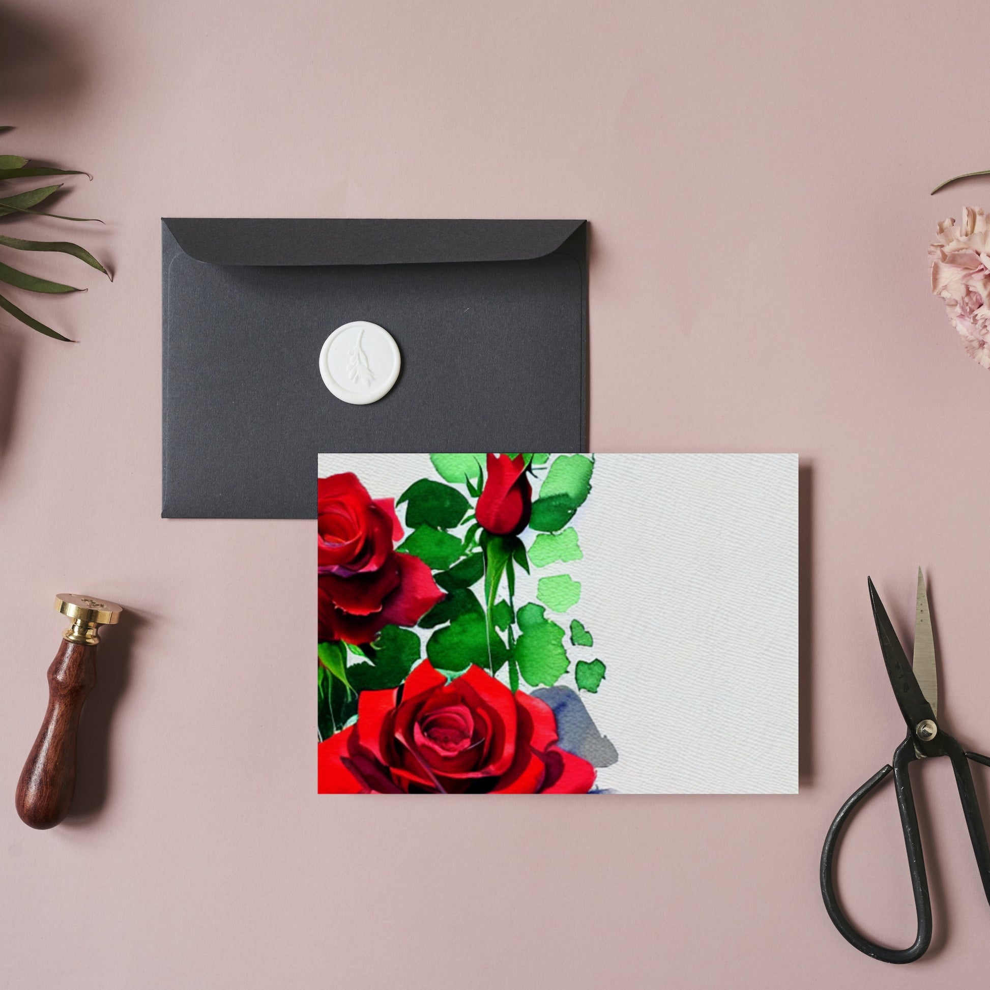 Greeting card with red roses on a pink surface with envelope, wax seal, and scissors.