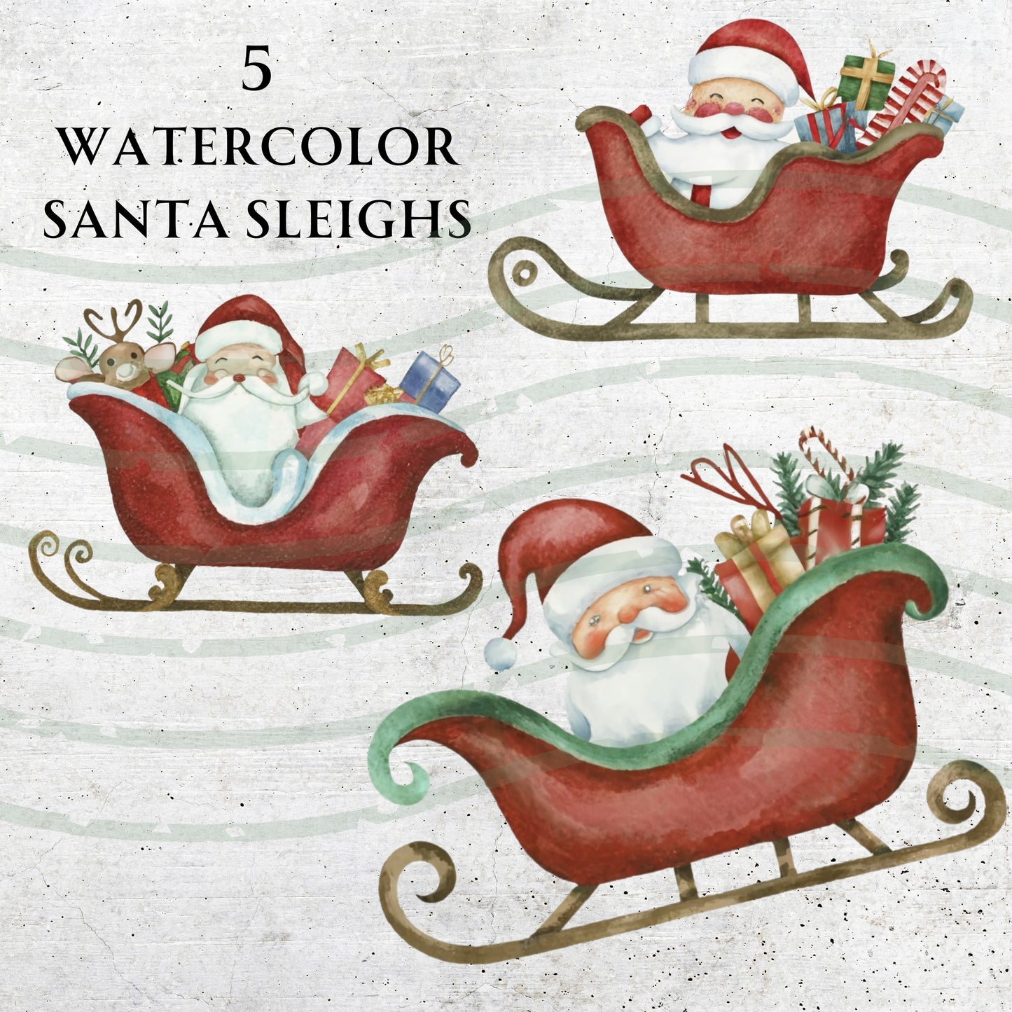 Three watercolor illustrations of Santa Claus in sleighs with gifts on a textured white background.