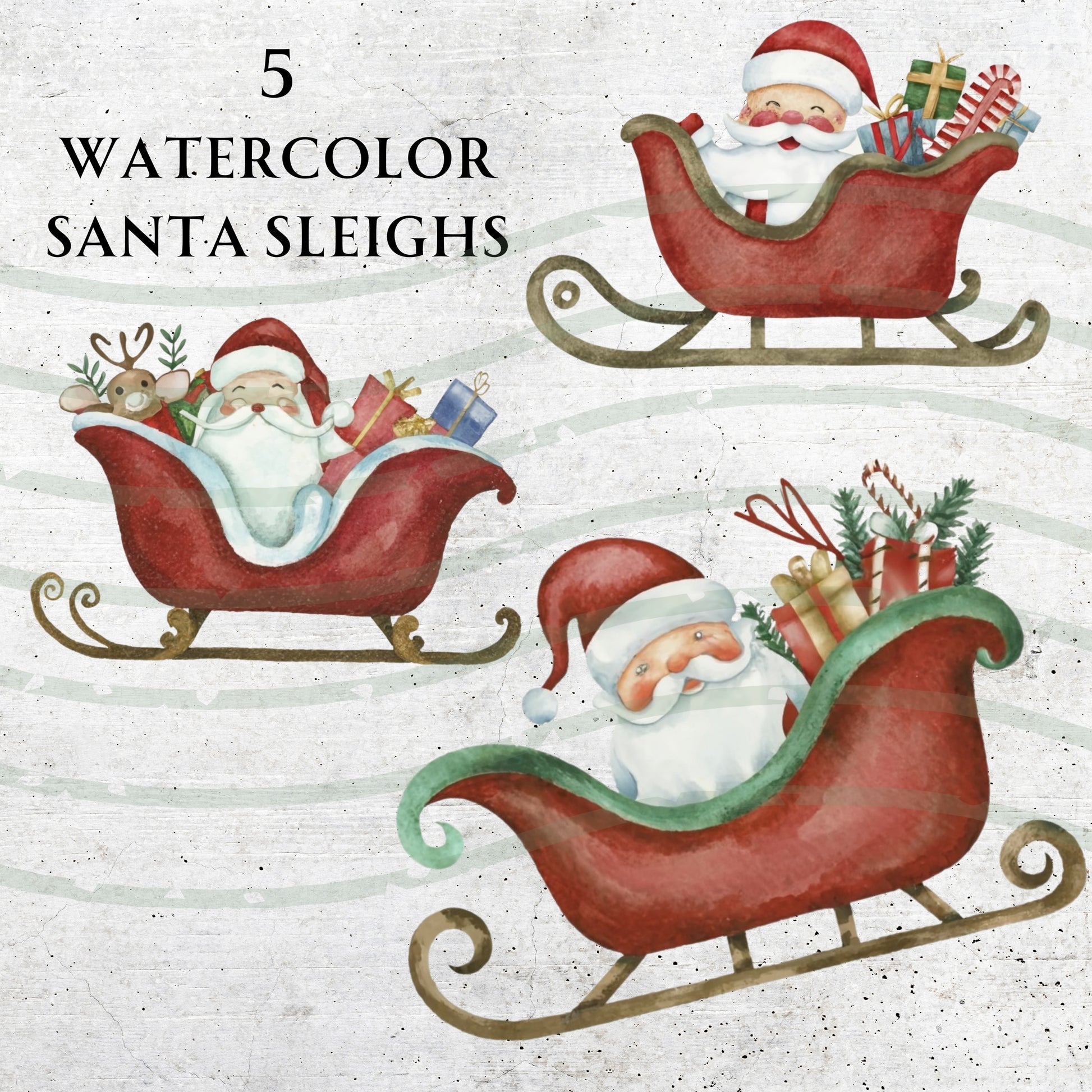 Three watercolor illustrations of Santa Claus in sleighs with gifts on a textured white background.