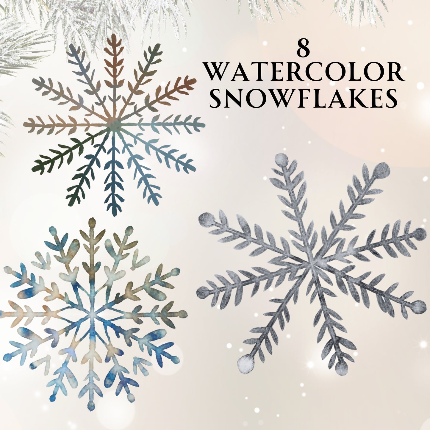 Three watercolor snowflakes on a light background with text '8 Watercolor Snowflakes'.
