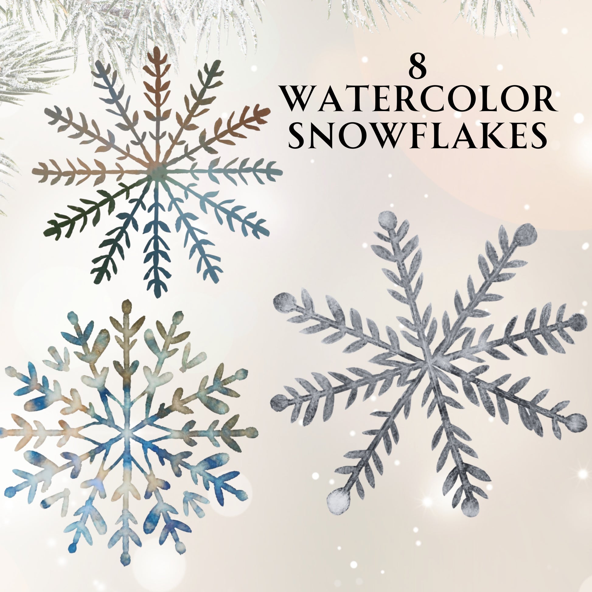 Three watercolor snowflakes on a light background with text '8 Watercolor Snowflakes'.