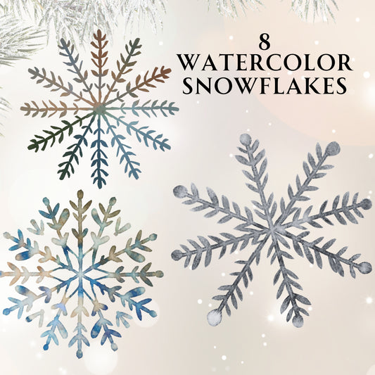 Three watercolor snowflakes on a light background with text '8 Watercolor Snowflakes'.