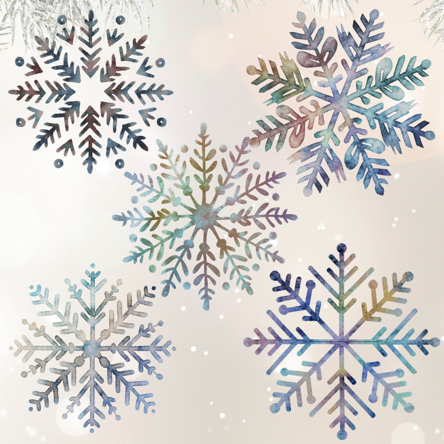 Colorful snowflake designs on a light background