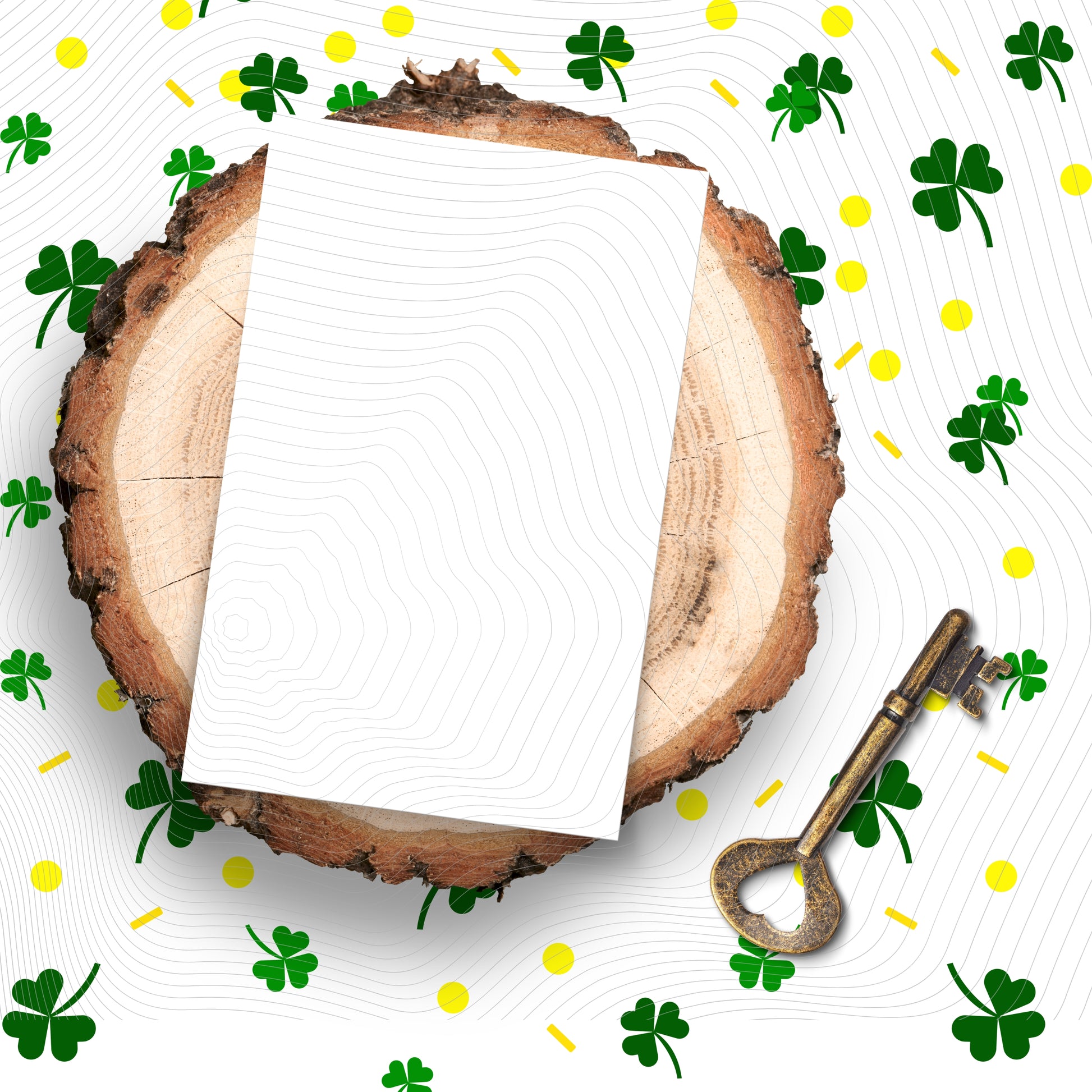 Wooden plaque with a blank card, key, and decorative elements on a festive background.