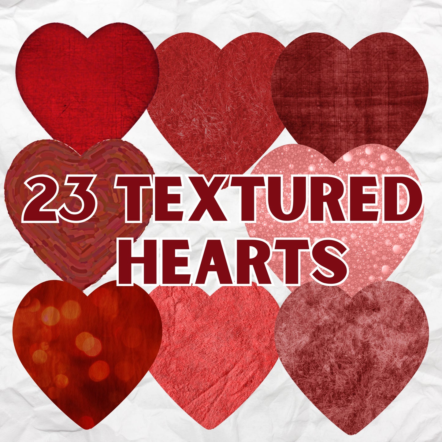 Textured red hearts with '23 Textured Hearts' text on a white background