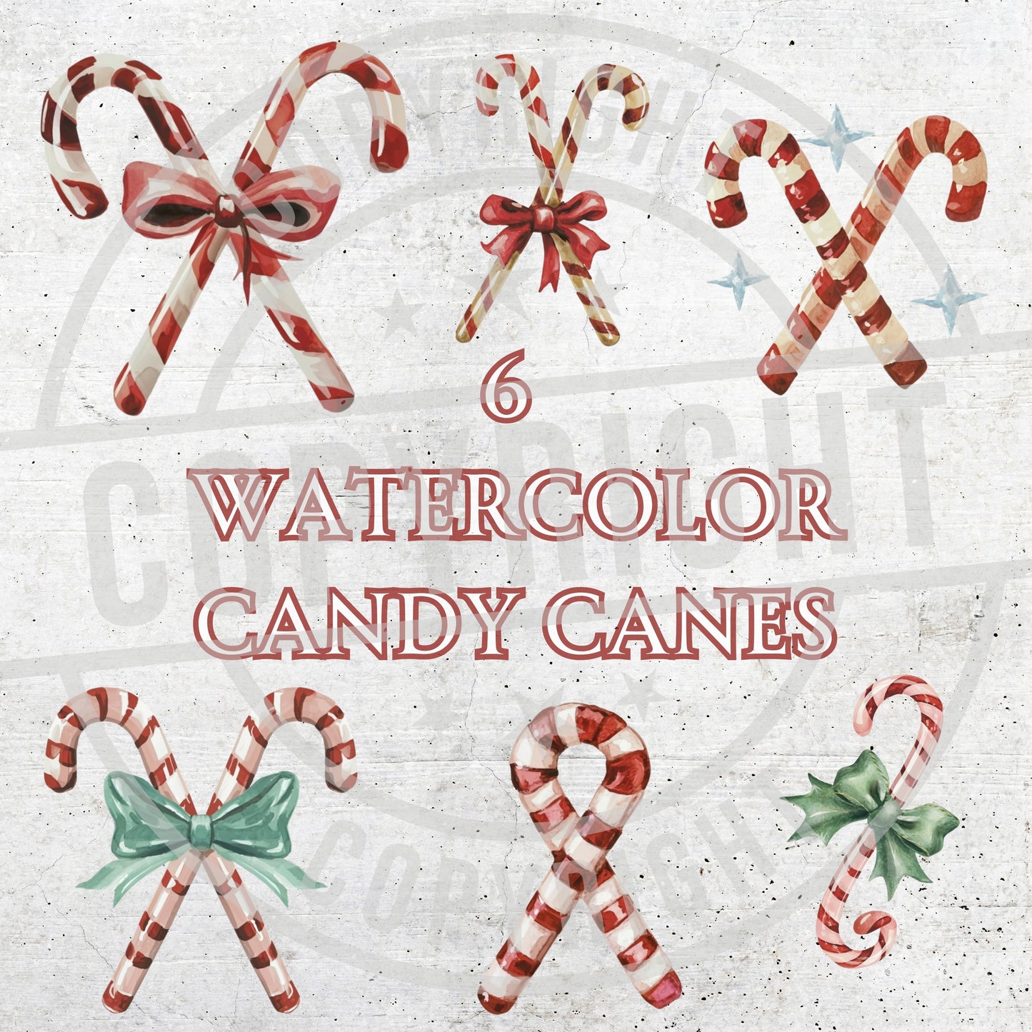 Watercolor candy canes with bows on a textured background