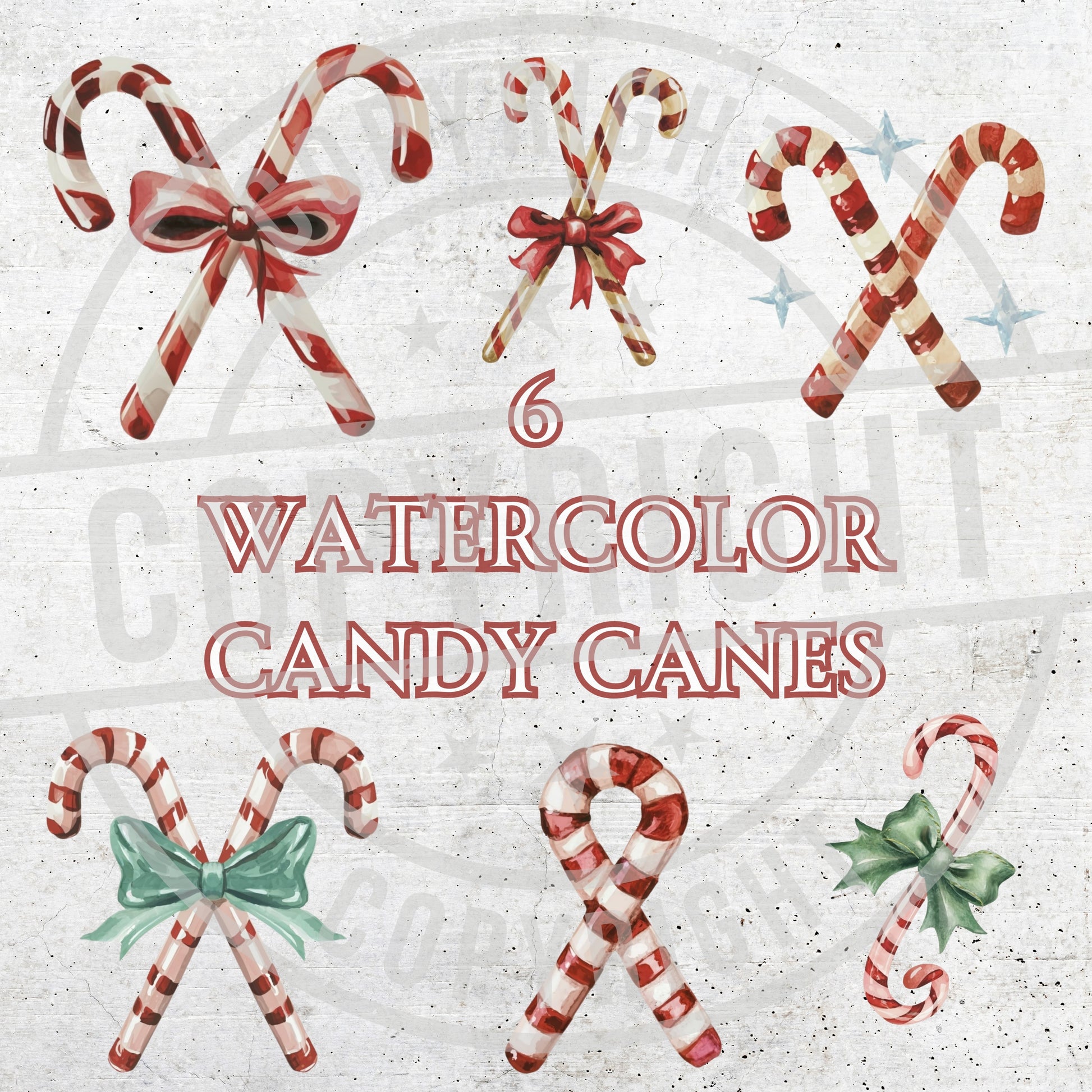 Watercolor candy canes with bows on a textured background