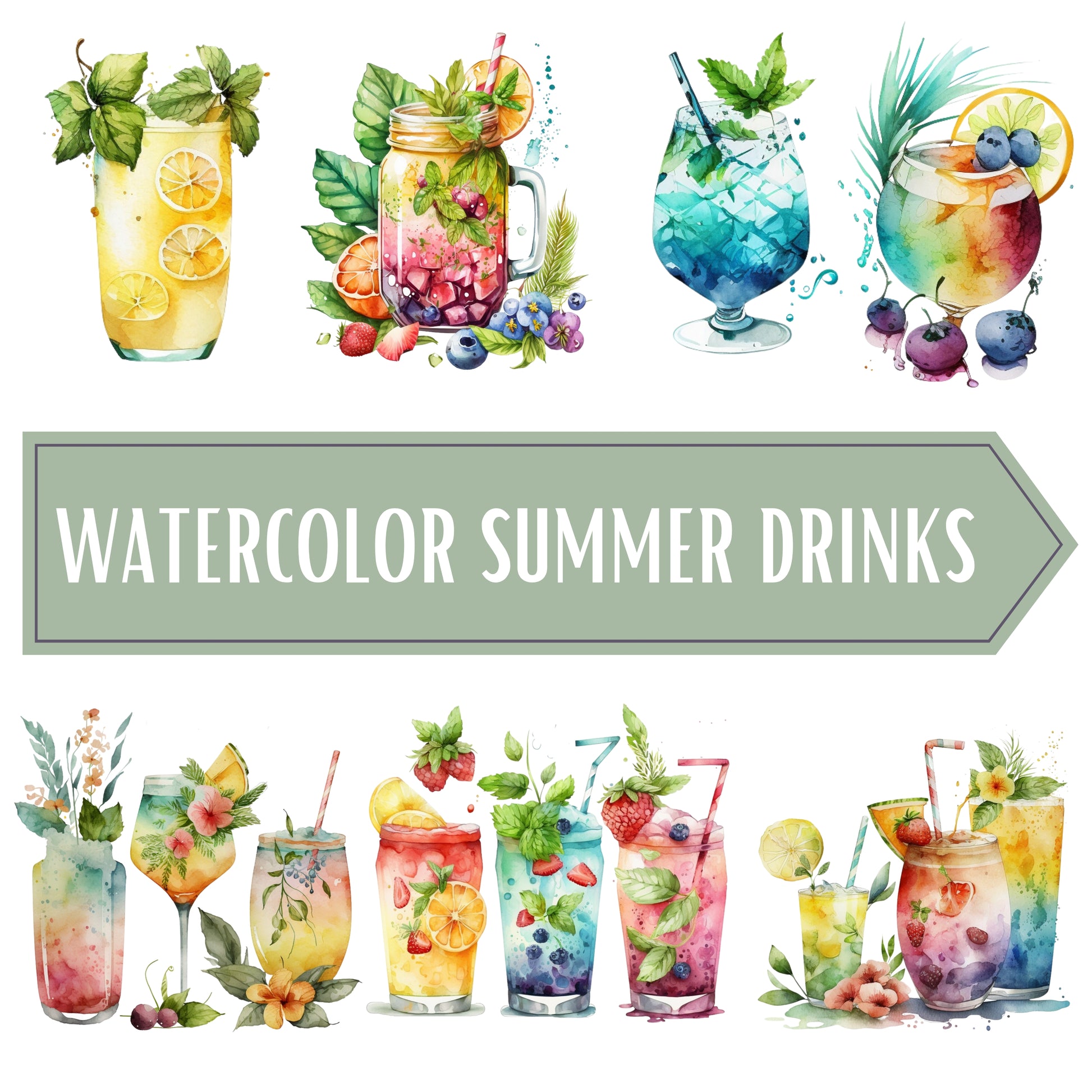 Illustrations of watercolor summer drinks with a 'Watercolor Summer Drinks' label.