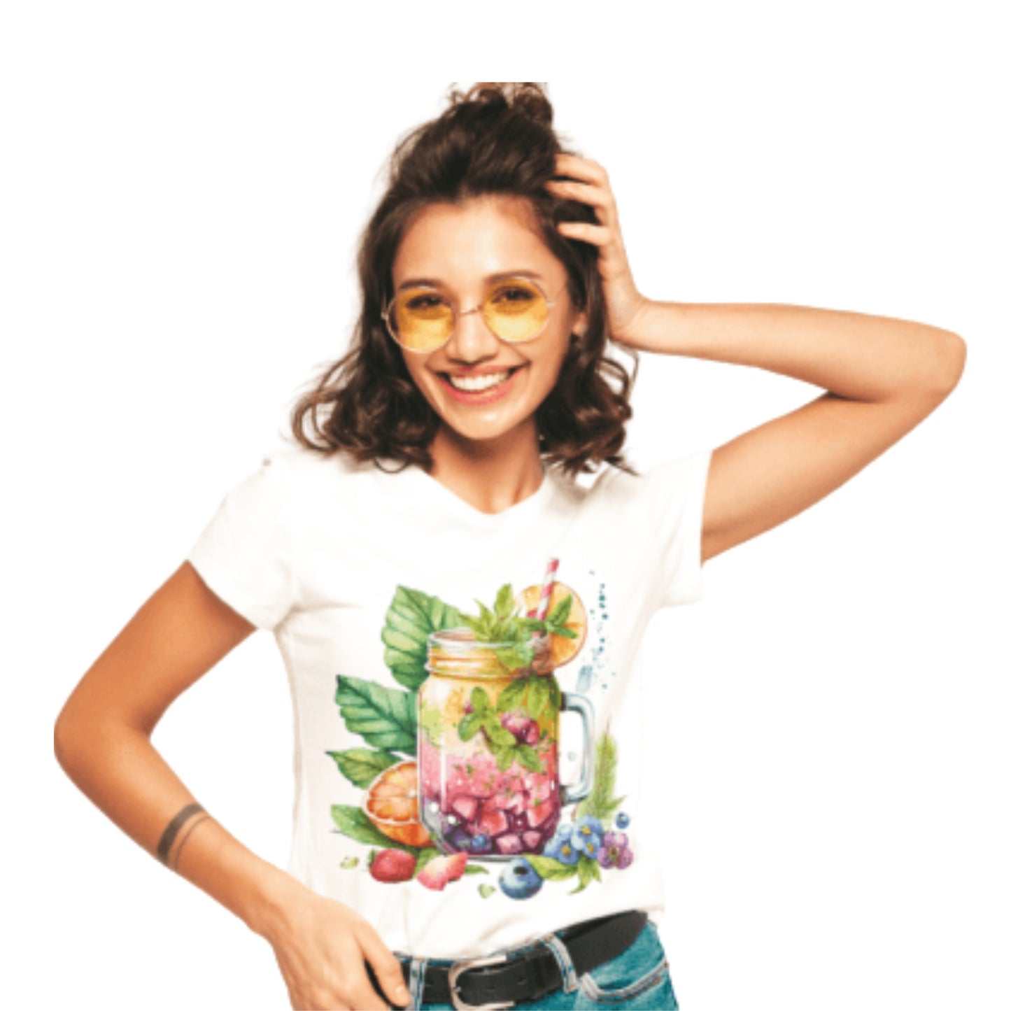 Woman wearing a white t-shirt with a colorful graphic design on a white background