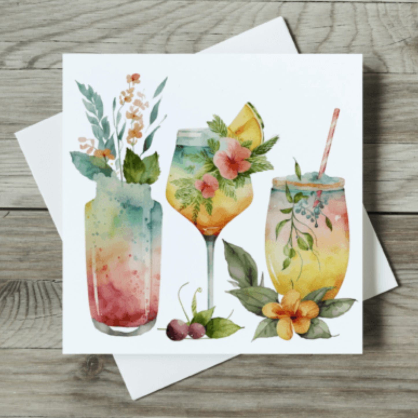 Greeting card with watercolor illustrations of cocktails on a wooden surface