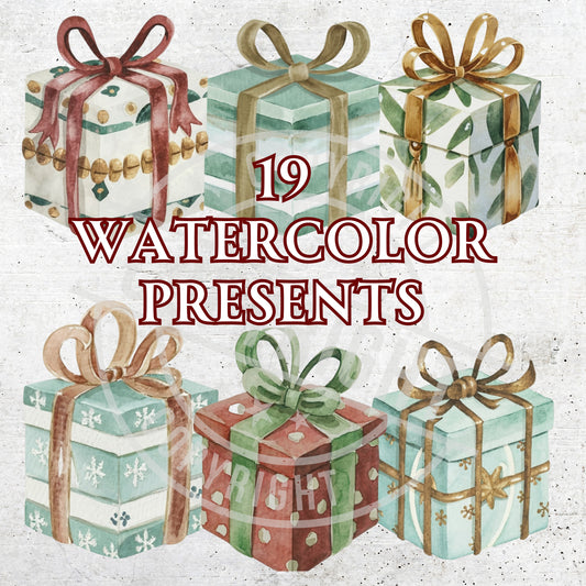 Watercolor illustration of gift boxes with bows and text '19 Watercolor Presents' on a textured background.
