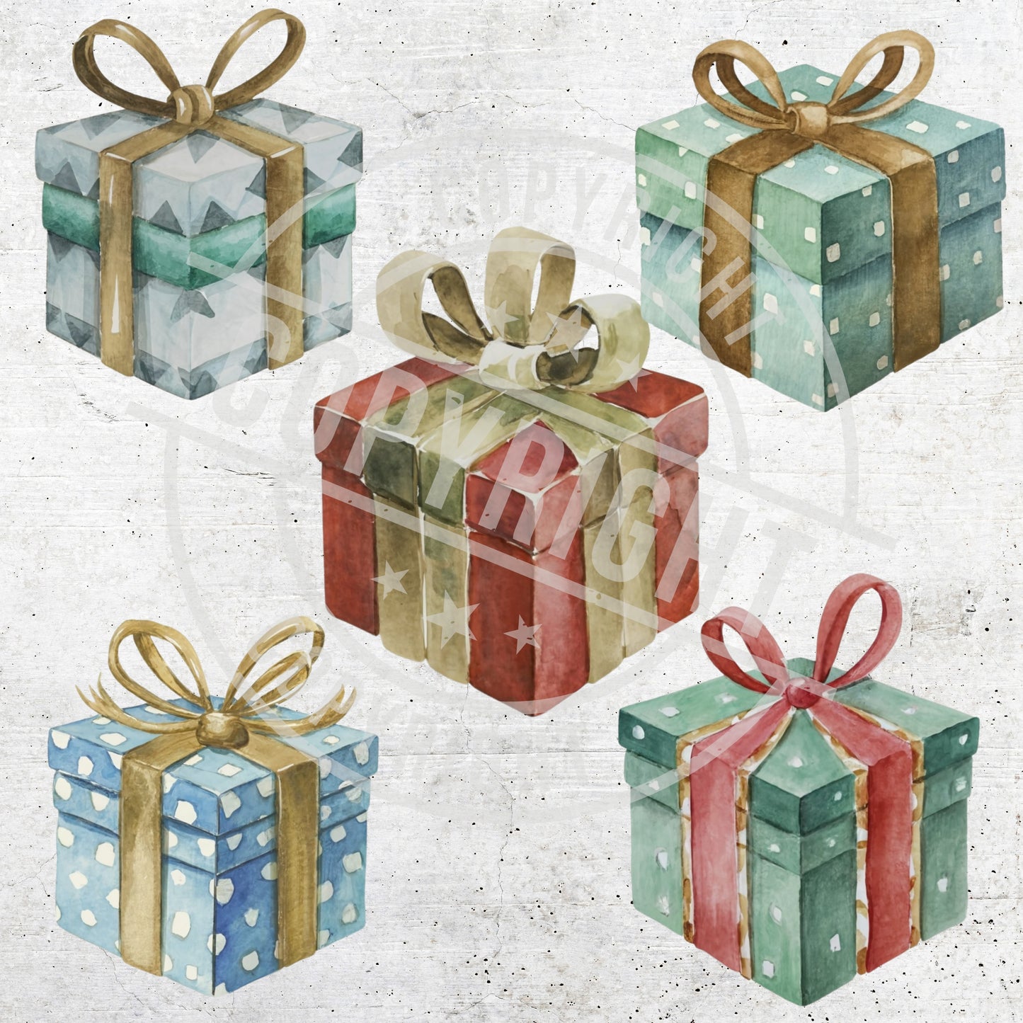 Set of decorative gift boxes with ribbons on a textured background