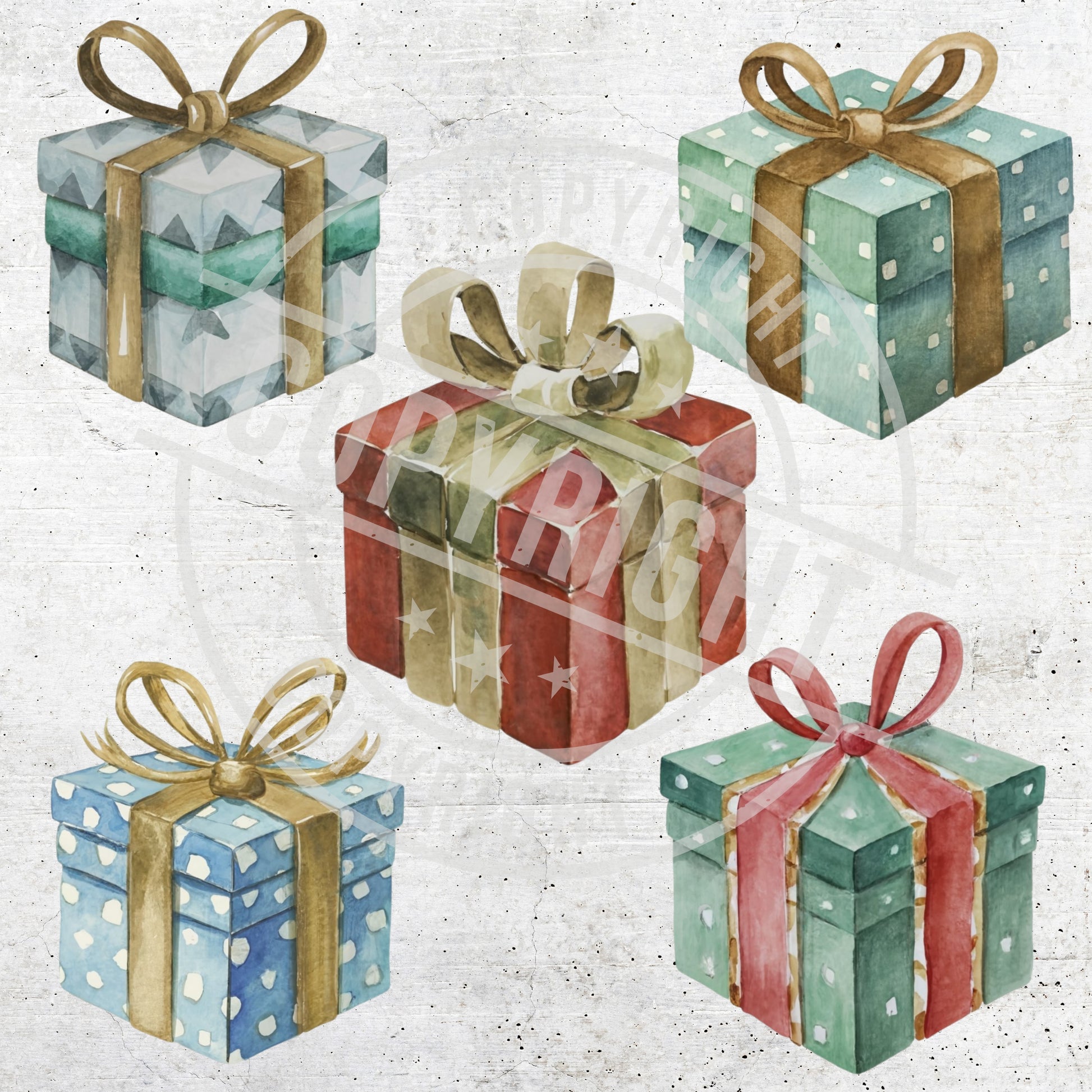 Set of decorative gift boxes with ribbons on a textured background