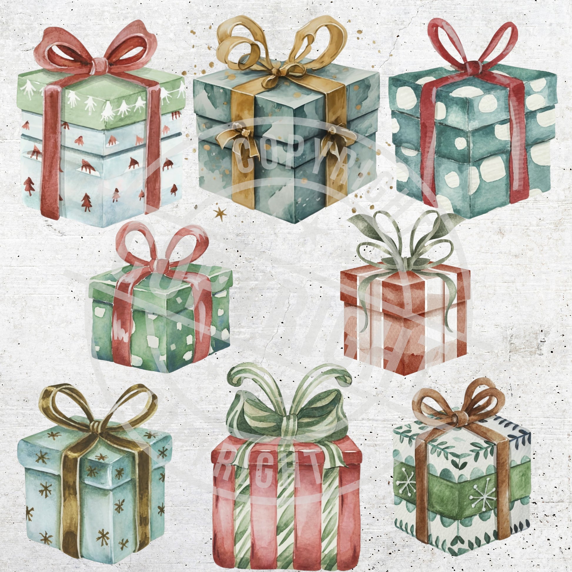 Illustration of various gift boxes with ribbons on a textured background