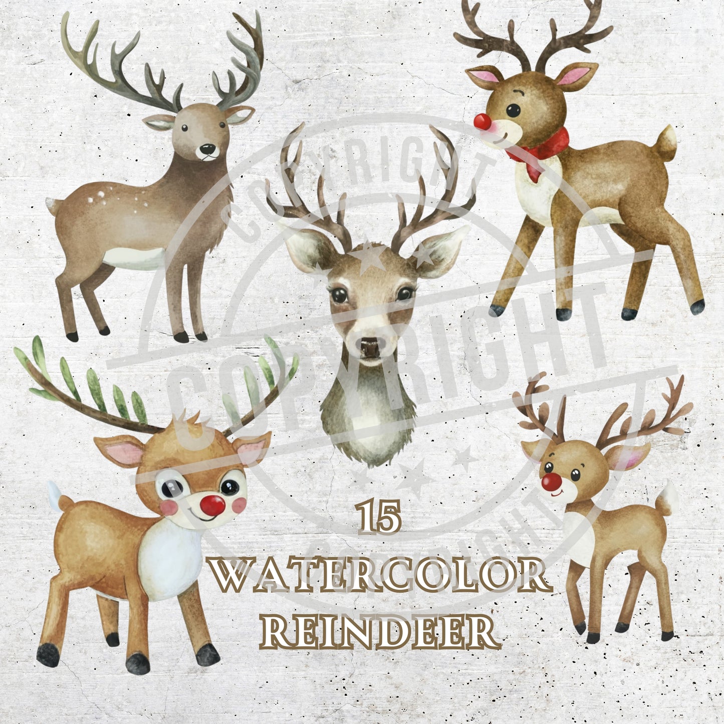Set of watercolor reindeer illustrations on a textured background with '15 Watercolor Reindeer' text.