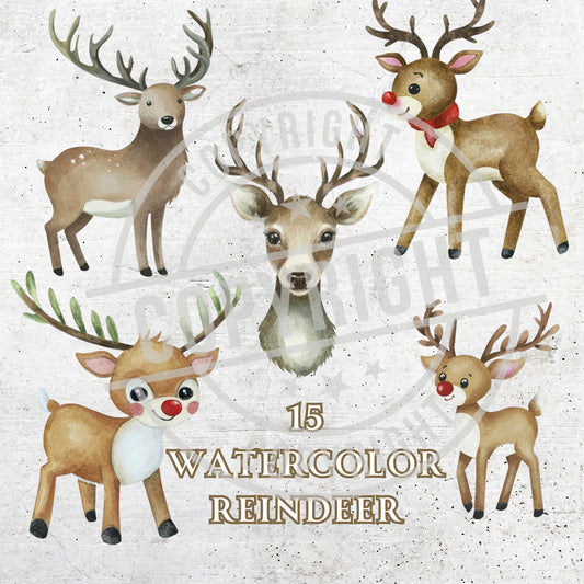 Set of watercolor reindeer illustrations on a textured background with '15 Watercolor Reindeer' text.