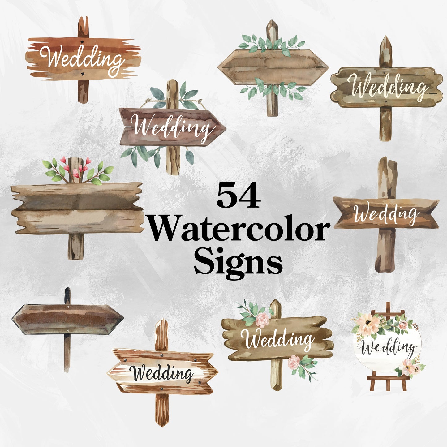 54-piece Watercolor Wedding Sign Clipart Bundle