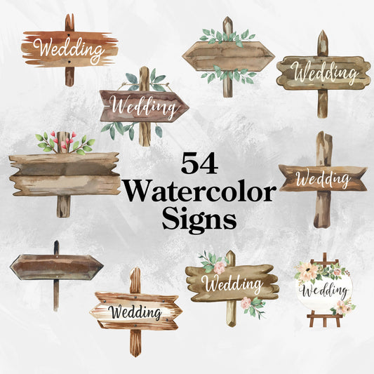 54-piece Watercolor Wedding Sign Clipart Bundle