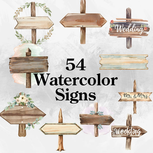54-piece Watercolor Wedding Sign Clipart Bundle