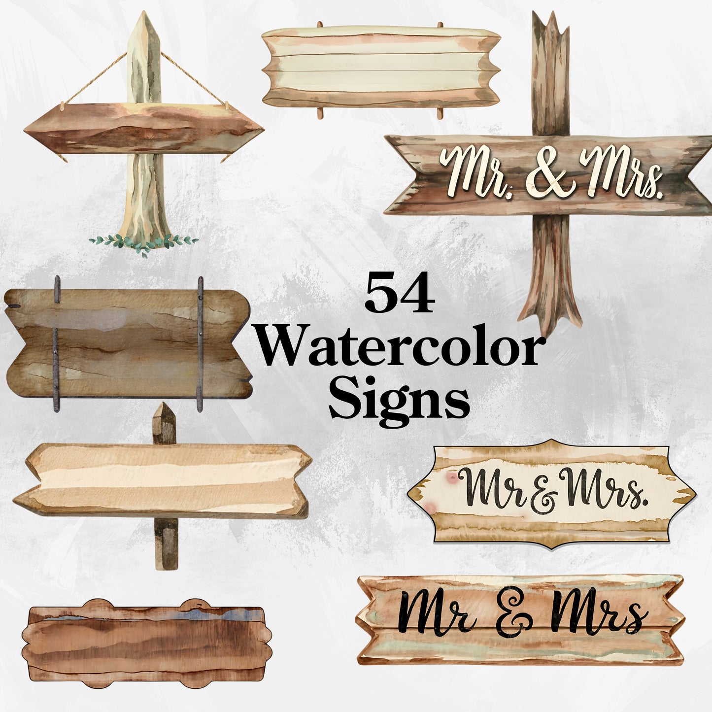 54-piece Watercolor Wedding Sign Clipart Bundle