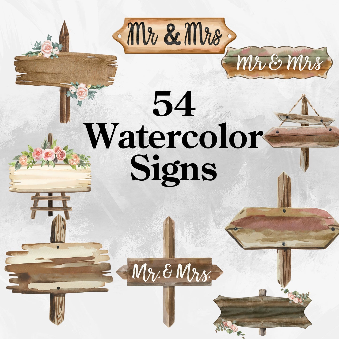 54-piece Watercolor Wedding Sign Clipart Bundle