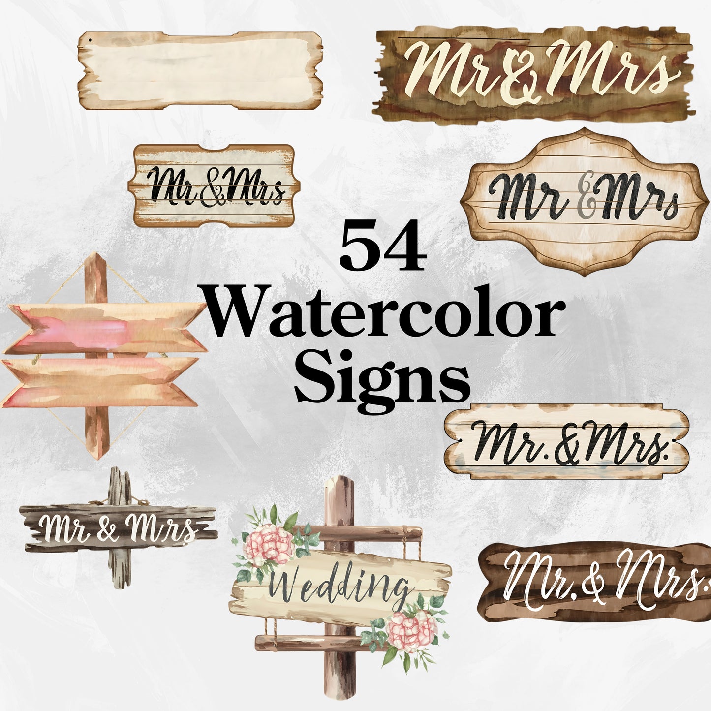 54-piece Watercolor Wedding Sign Clipart Bundle
