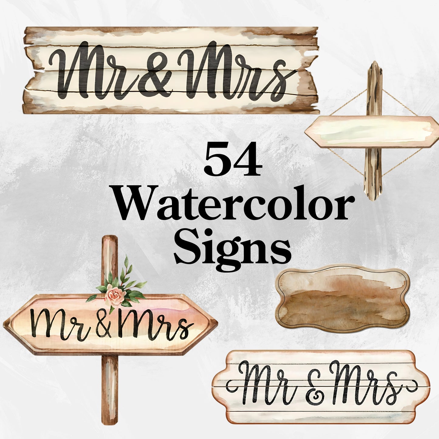 54-piece Watercolor Wedding Sign Clipart Bundle