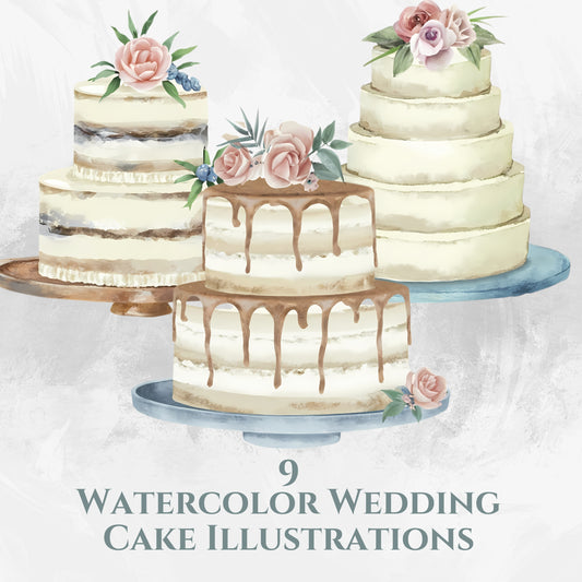 Four-tiered wedding cake illustrations with floral decorations on a light background.