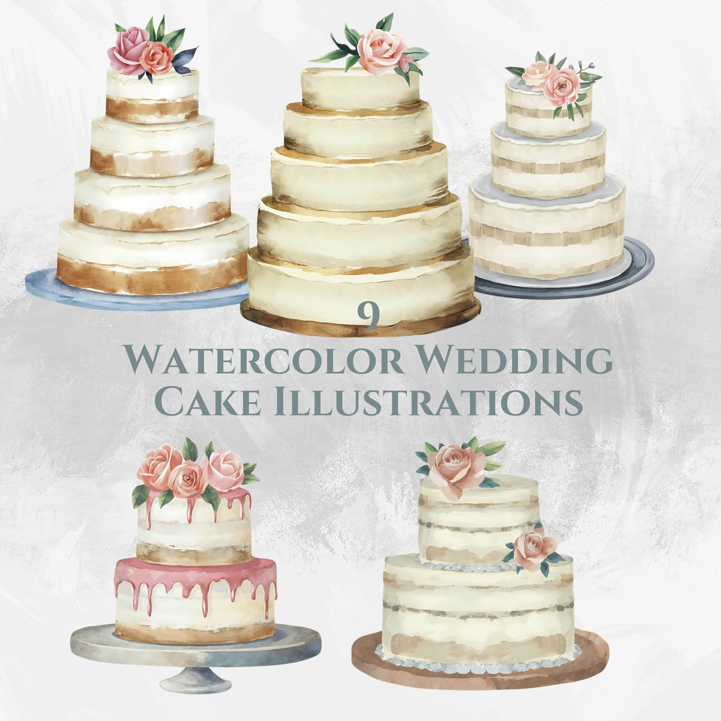 Illustrations of watercolor wedding cakes with floral decorations on a light background.
