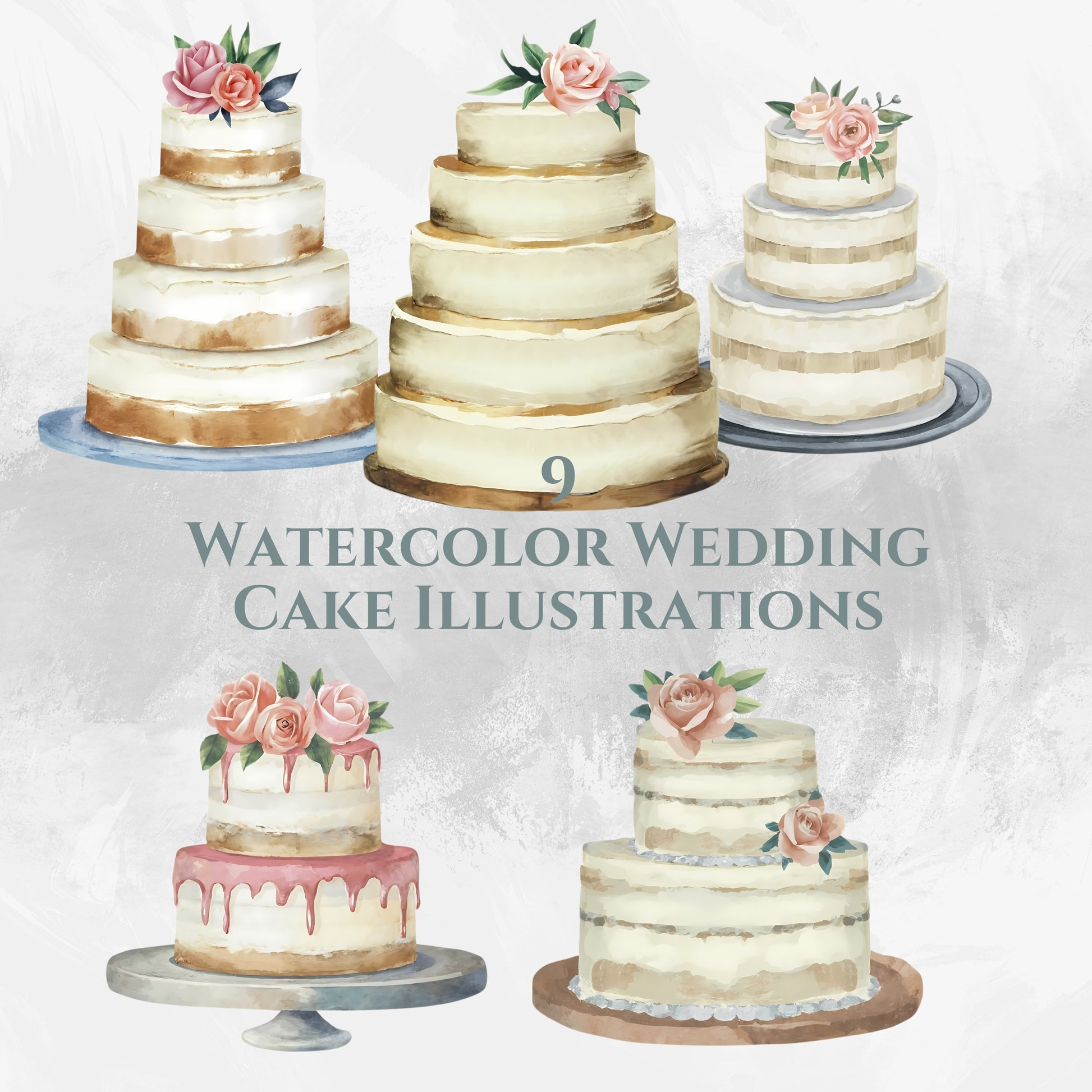 Illustrations of watercolor wedding cakes with floral decorations on a light background.