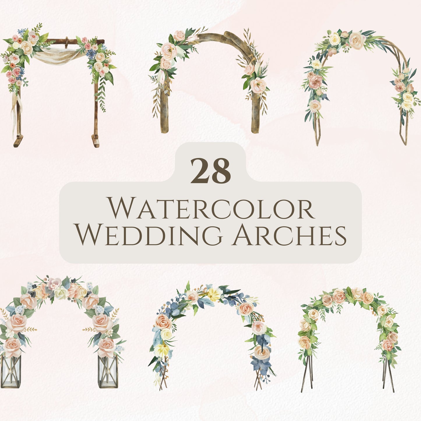Set of watercolor wedding arches with floral decorations on a light pink background.