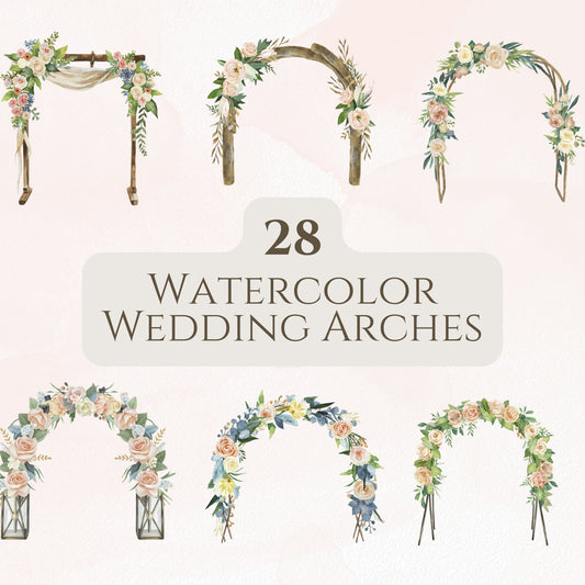 Set of watercolor wedding arches with floral decorations on a light pink background.