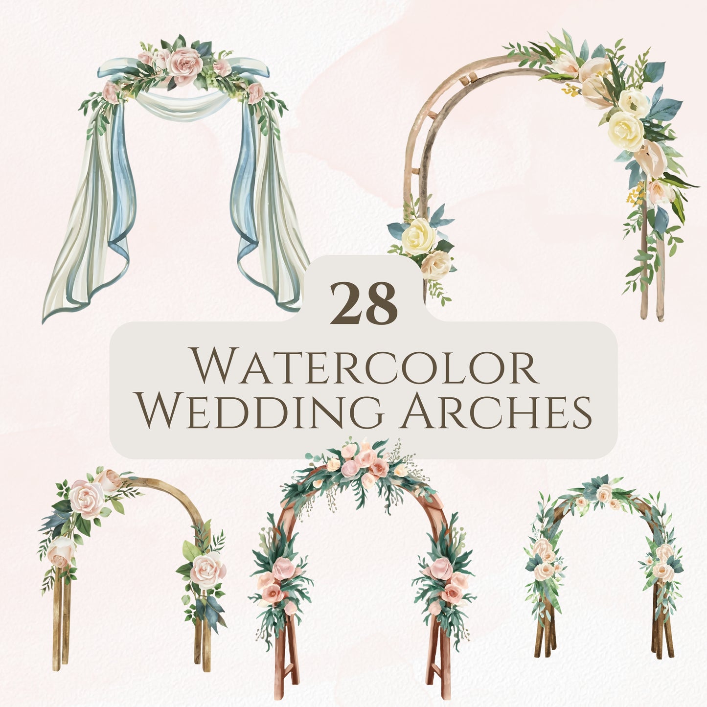 Set of watercolor wedding arches with floral decorations on a light pink background.