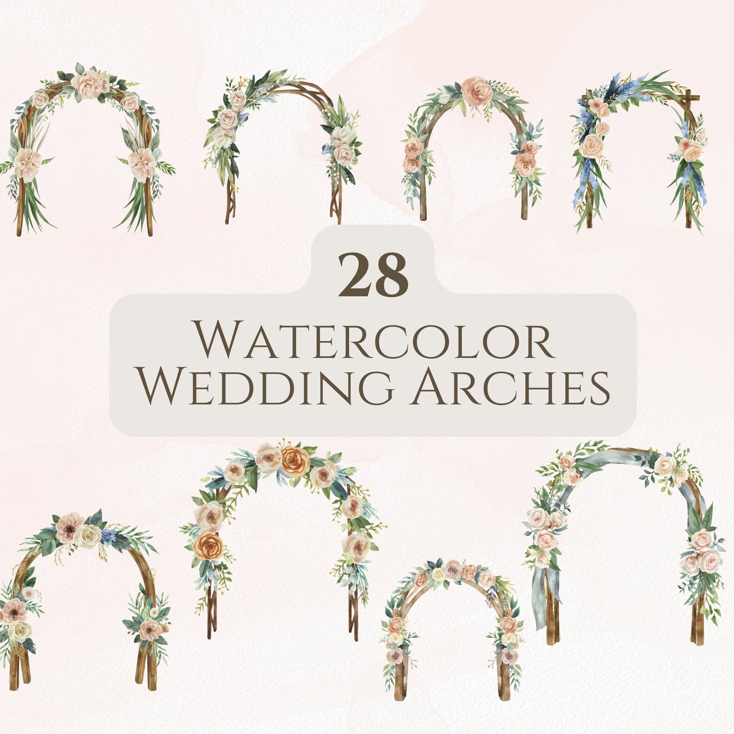 Watercolor wedding arches with floral decorations on a light pink background.