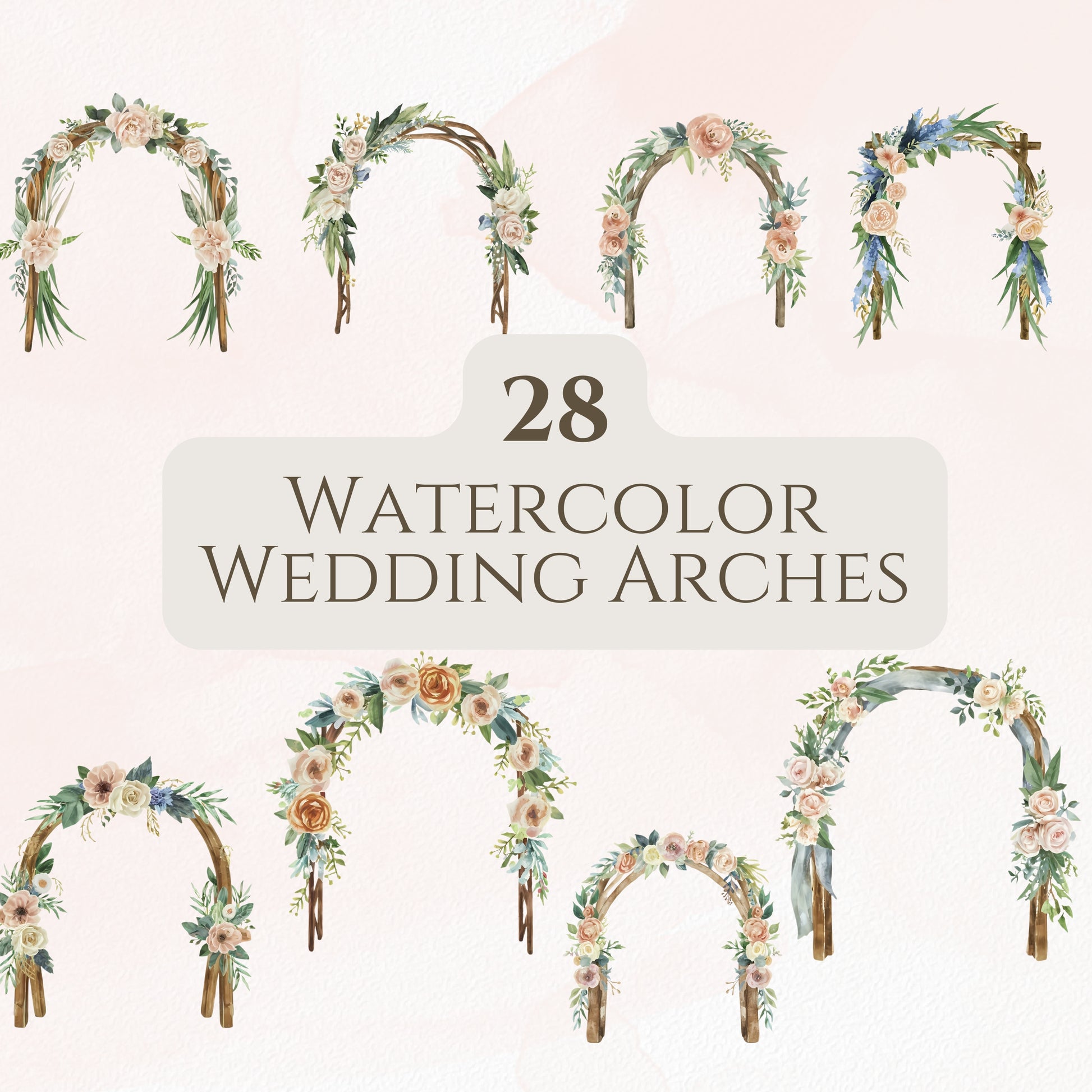 Watercolor wedding arches with floral decorations on a light pink background.