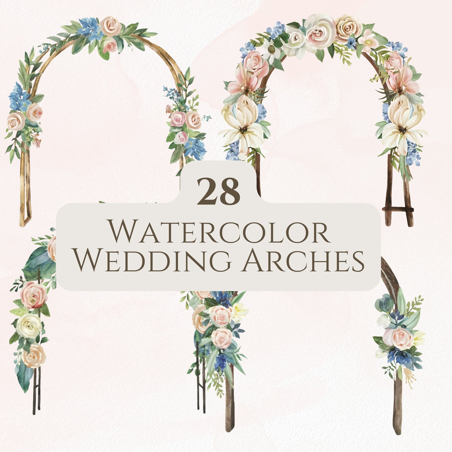 Watercolor wedding arches with floral decorations on a light pink background