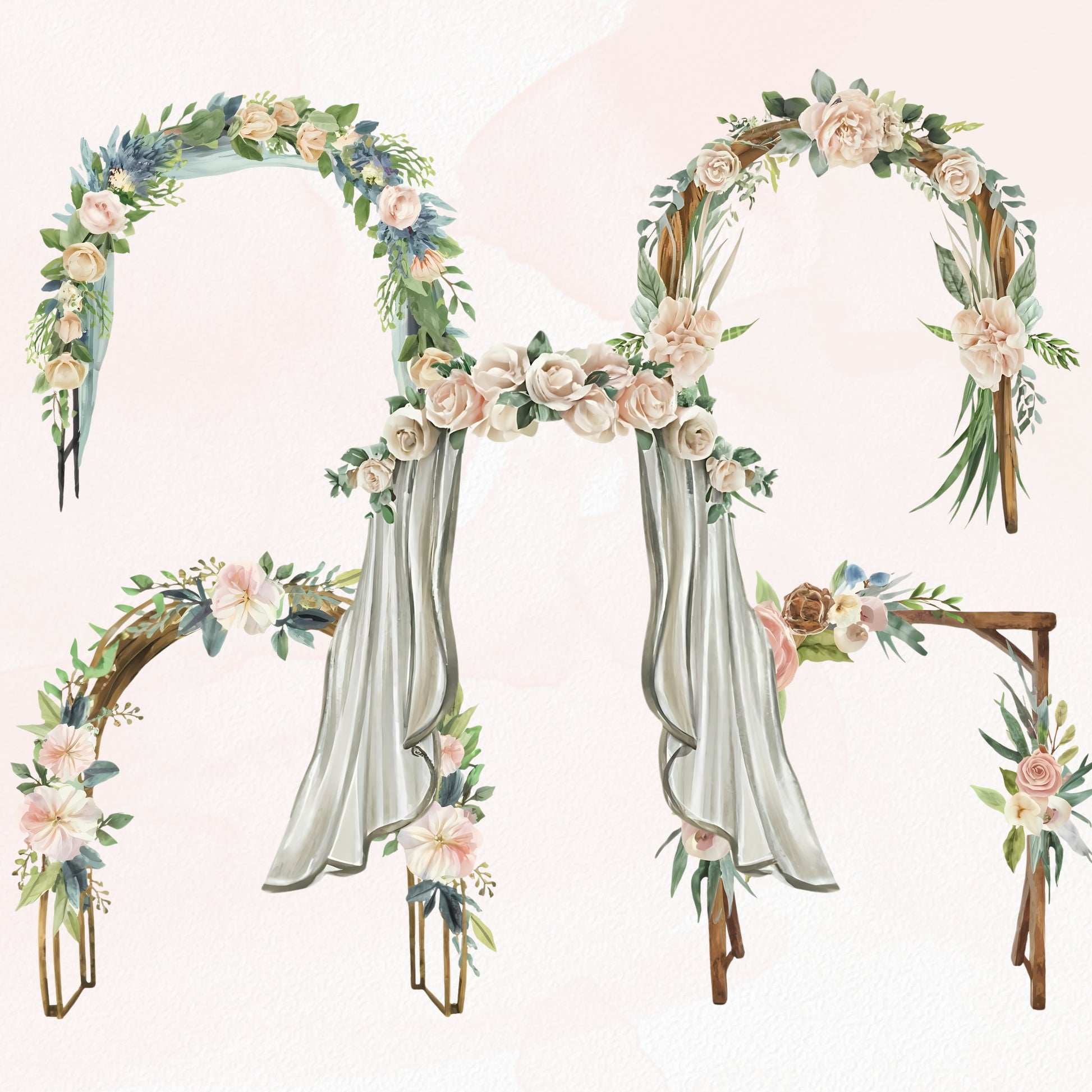 Decorative floral arches with ribbons on a light pink background