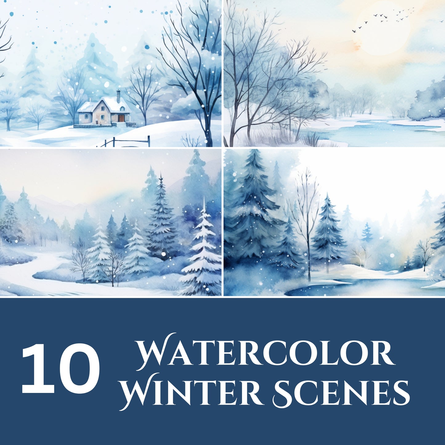 Collage of four watercolor winter scenes with trees and a house, labeled '10 Watercolor Winter Scenes'.