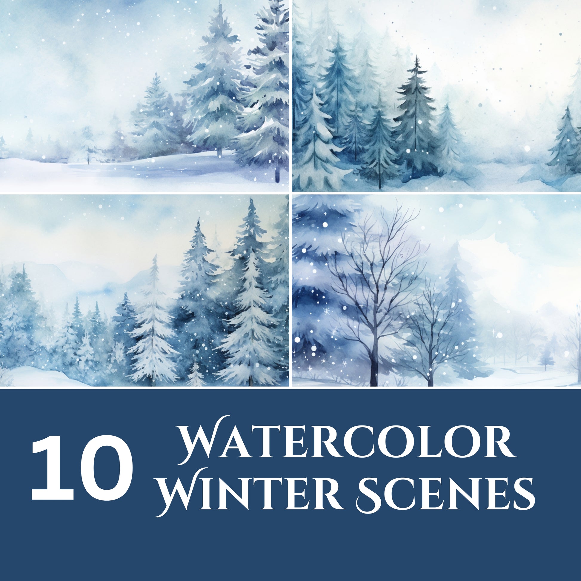 Collage of four watercolor winter scenes with trees and snow, featuring text '10 Watercolor Winter Scenes'.