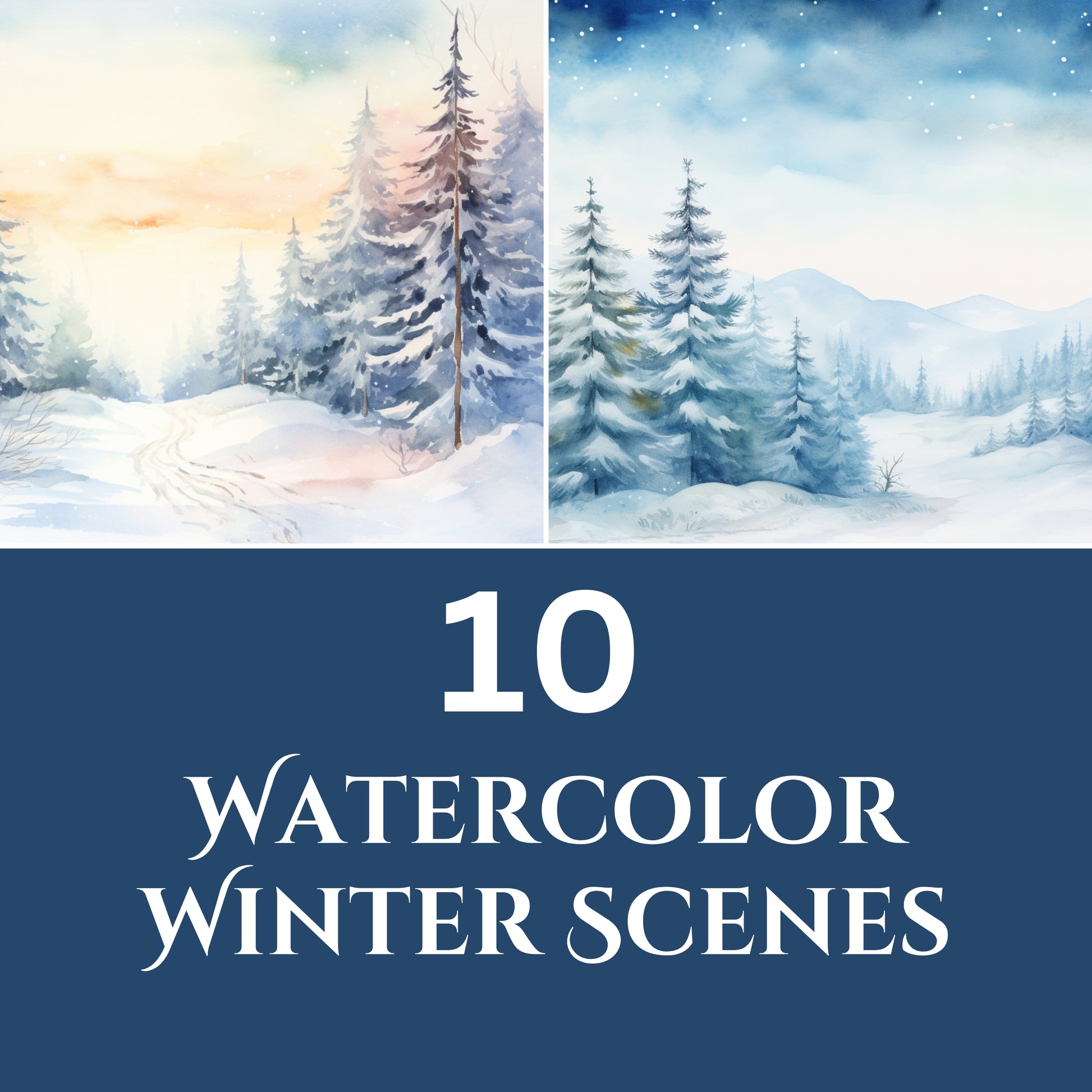 Two watercolor winter scenes with snow-covered trees and a blue banner displaying '10 Watercolor Winter Scenes'.