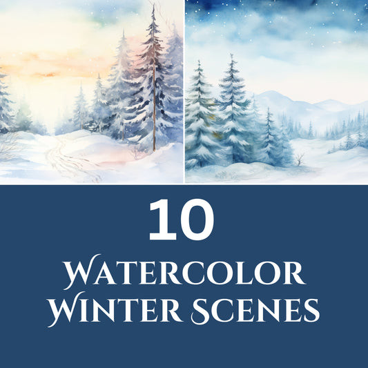 Two watercolor winter scenes with snow-covered trees and a blue banner displaying '10 Watercolor Winter Scenes'.