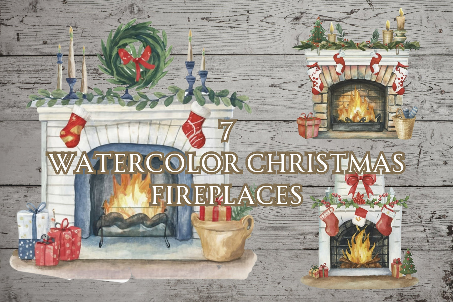 7 Watercolor Christmas Fireplaces - Sunny Jar Personalized Designs