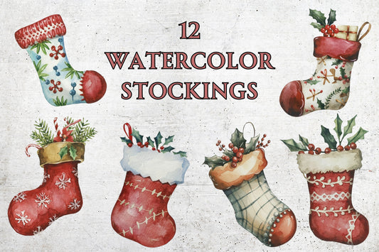 Watercolor Christmas Stockings Clip Art - Sunny Jar Personalized Designs