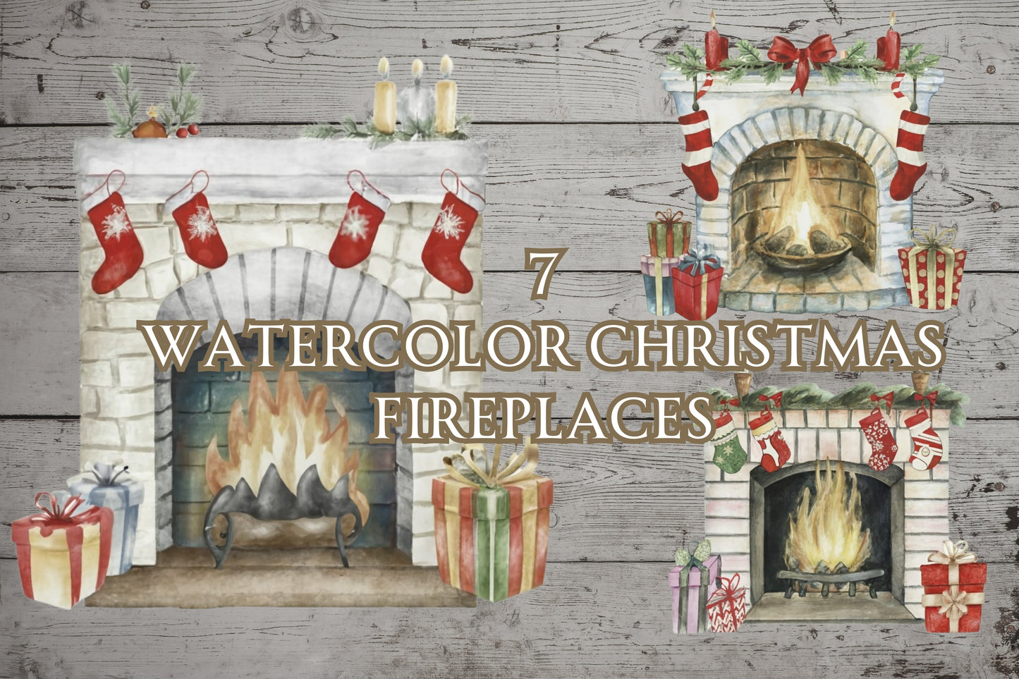 7 Watercolor Christmas Fireplaces - Sunny Jar Personalized Designs